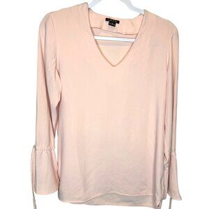 Roz & Ali Light Pink V-Neck Tied Bell Sleeve Flowy Polyester Blouse, Size Small
